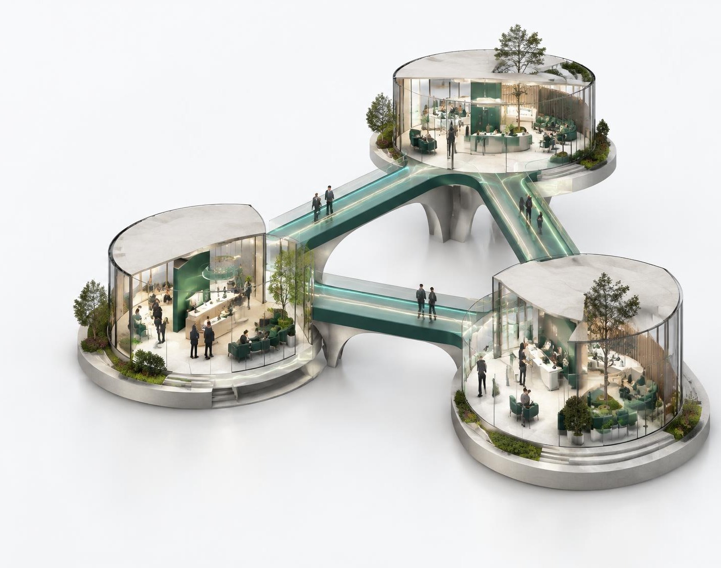 Three bank pavilions connected by bridges, with bankers and customers working together